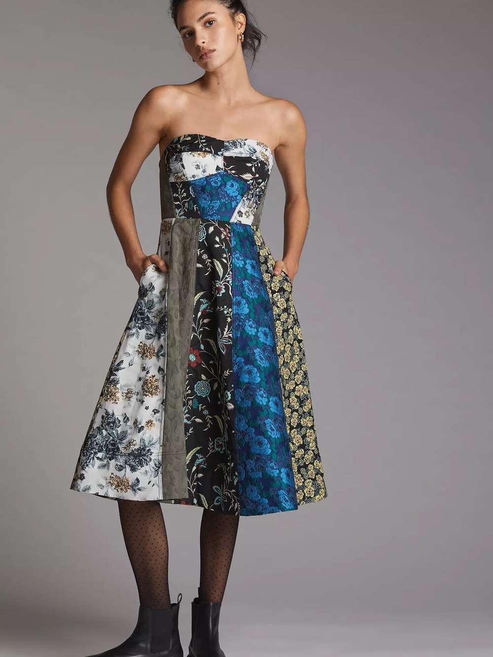 Anthropologie Strapless Patchwork Floral Midi Dress in Blue, Black, Cream, Olive